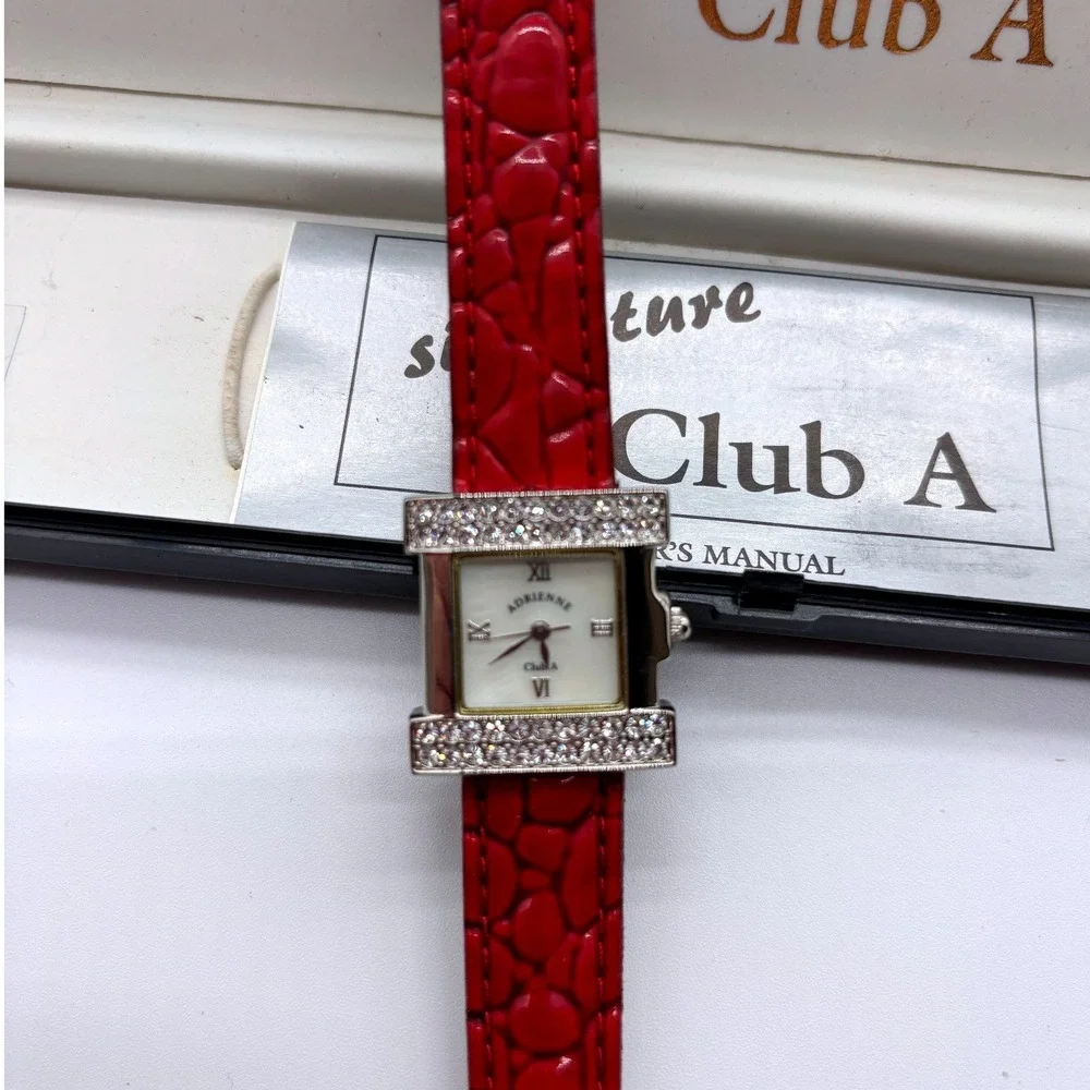 Adrienne Signature‎ Club A Womens Square Rhinestone Bezel Red Croc Leather Band